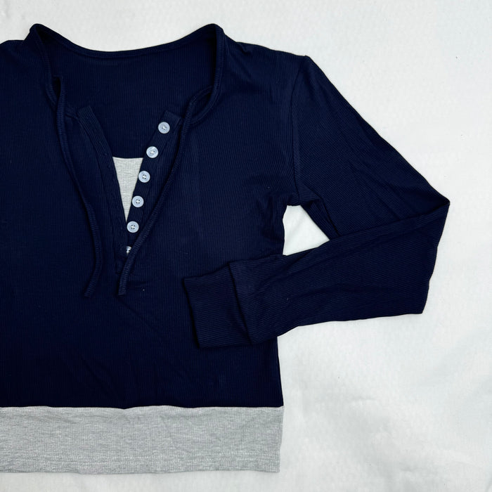 Color-Blocked Faux Two-Piece Long-Sleeved Top