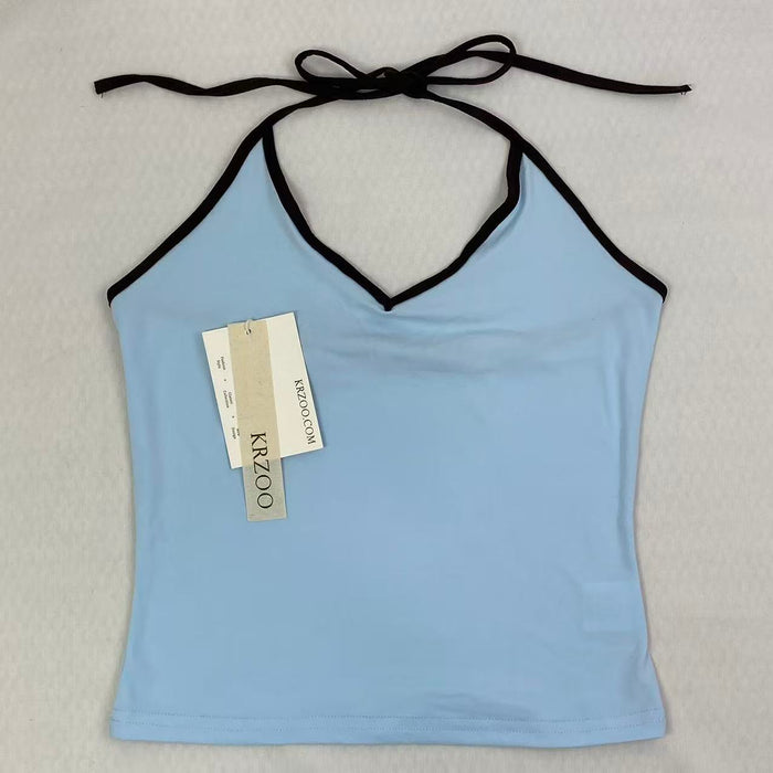 Contrasting color tie-neck sling-neck top