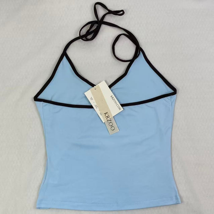 Contrasting color tie-neck sling-neck top