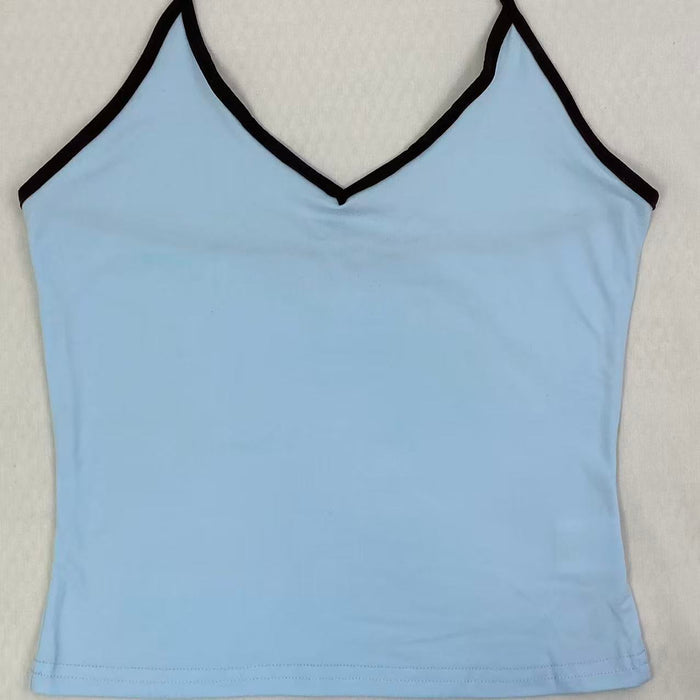 Contrasting color tie-neck sling-neck top