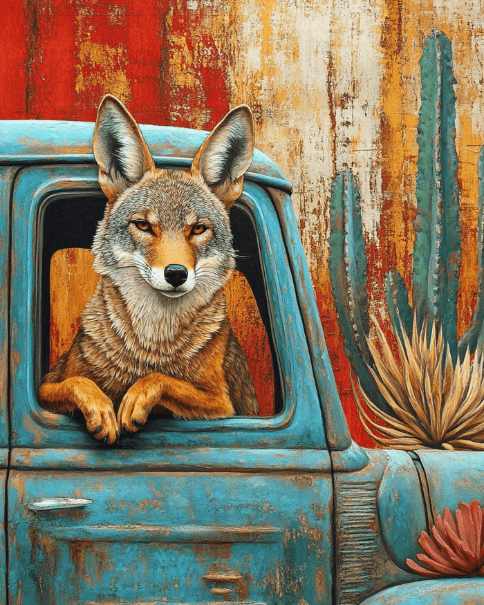 Coyote in Pick-Up Truck - Southwest Bathroom Wall Art Prints – 8″x10″ Artwork for 11″x14″ Frame