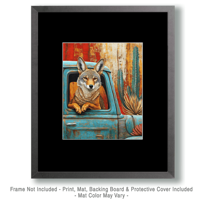 Coyote in Pick-Up Truck - Southwest Bathroom Wall Art Prints – 8″x10″ Artwork for 11″x14″ Frame