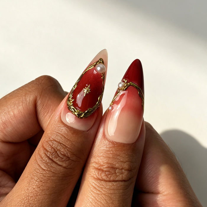 Lux romantic stiletto press on nails, nude red ombre, gold trim, pearl, tiger print and red cracked texture