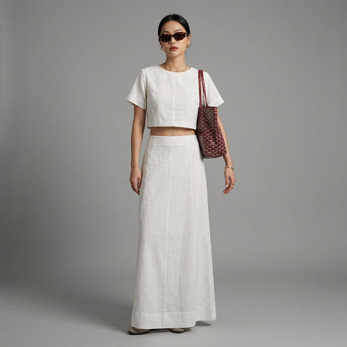 Ensemble crop top et jupe longue blanc en lin et coton - Koreanxwear - Taille S