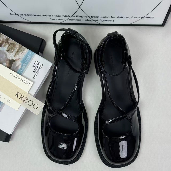 Crossed buckle leather high-heeled shoes
