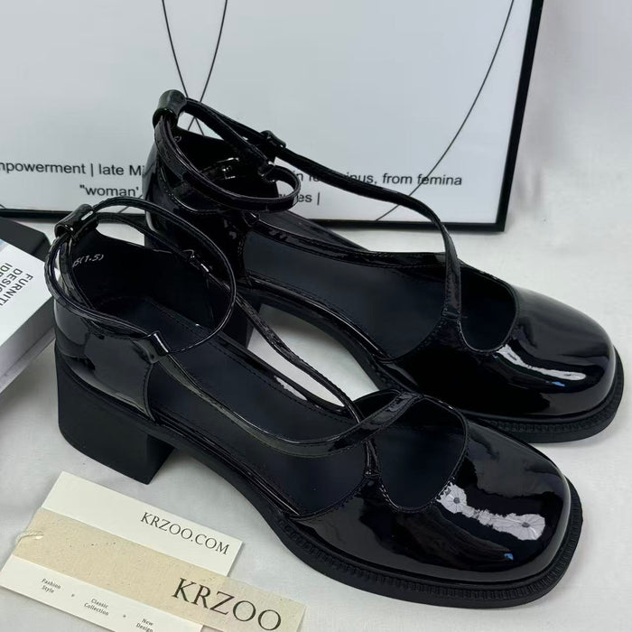 Crossed buckle leather high-heeled shoes