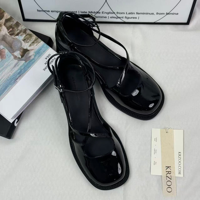 Crossed buckle leather high-heeled shoes