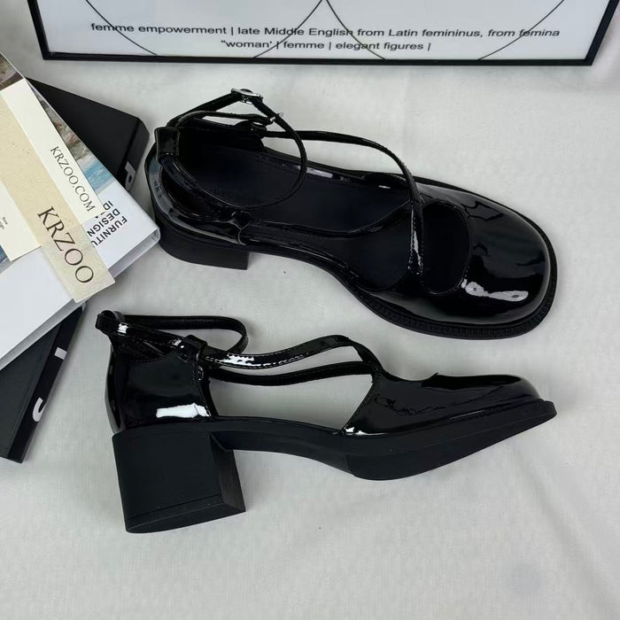 Crossed buckle leather high-heeled shoes