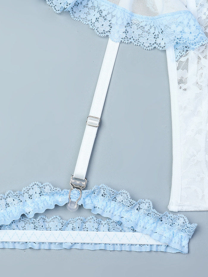 Cute Bodysuit with Dress Lace white and blue Lingerie Set Ruffled Ballet Sexy Lace-up Bodysuit