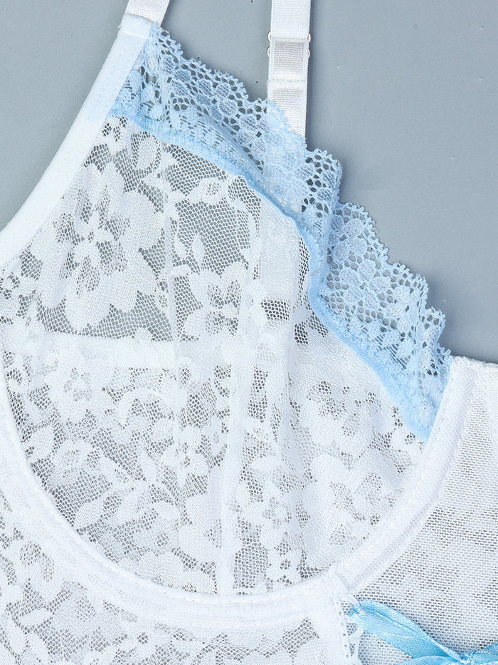 Cute Bodysuit with Dress Lace white and blue Lingerie Set Ruffled Ballet Sexy Lace-up Bodysuit
