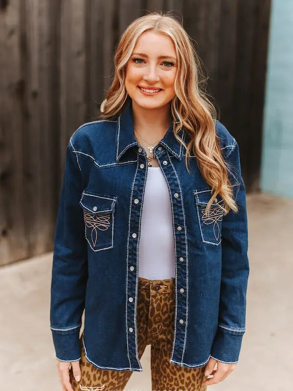 Dark Wash Contrast Boot Stitched Pearl Snap Denim Shirt