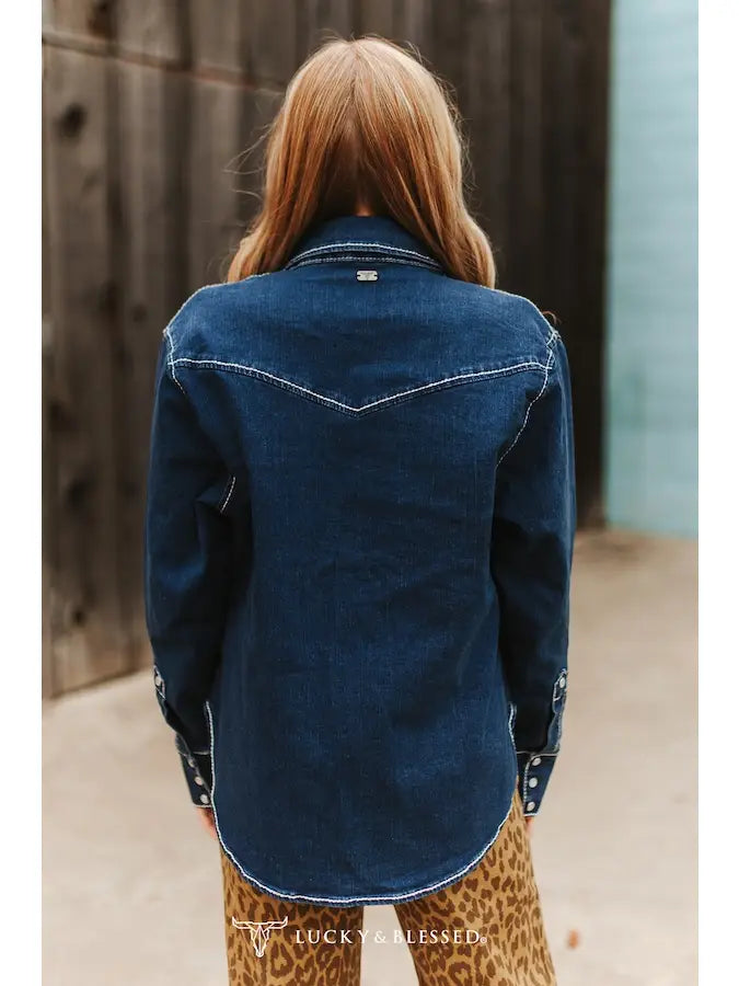 Dark Wash Contrast Boot Stitched Pearl Snap Denim Shirt