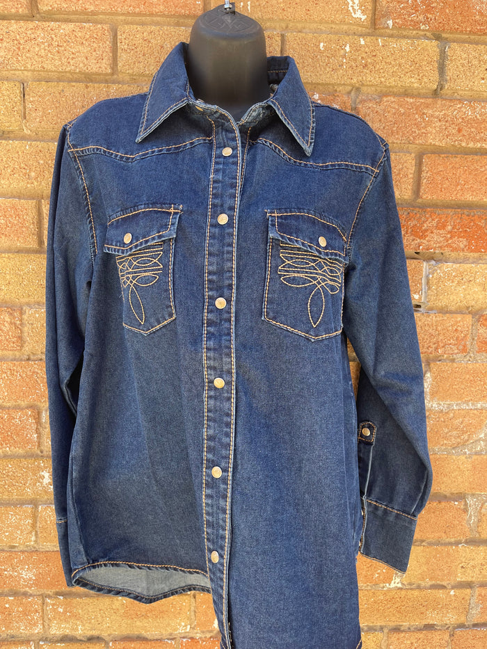 Dark Wash Contrast Boot Stitched Pearl Snap Denim Shirt