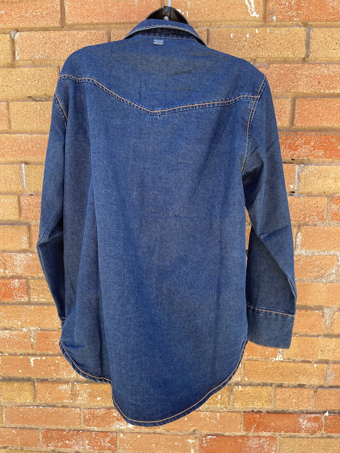 Dark Wash Contrast Boot Stitched Pearl Snap Denim Shirt