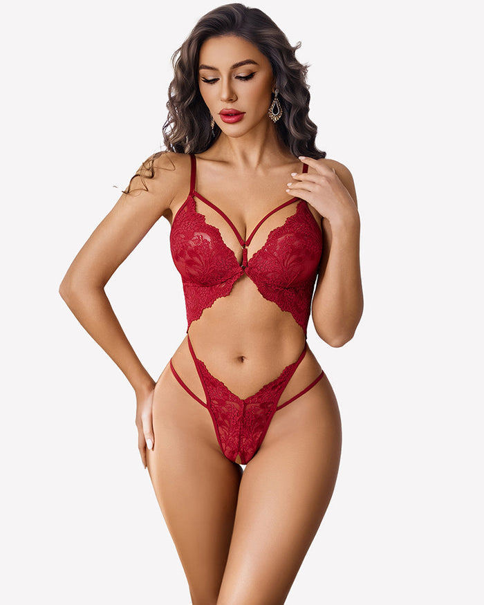 Deep V Lace Teddy Cutout One Piece Bodysuit