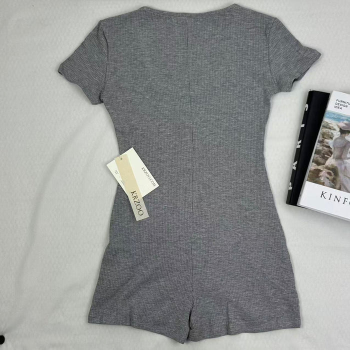 Deep V-neck fitted short-sleeved one-piece dress