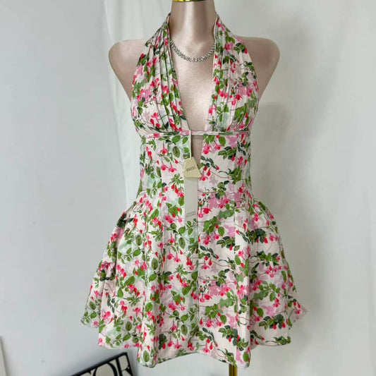 Deep V-Neck Halter Dress With Vintage Print