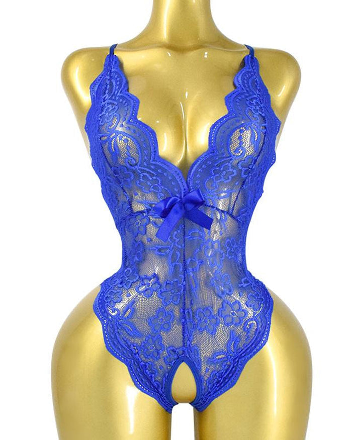 Deep V Sexy Translucent Floral Lace Cross-Back Open Crotch Design One-Piece Pajamas