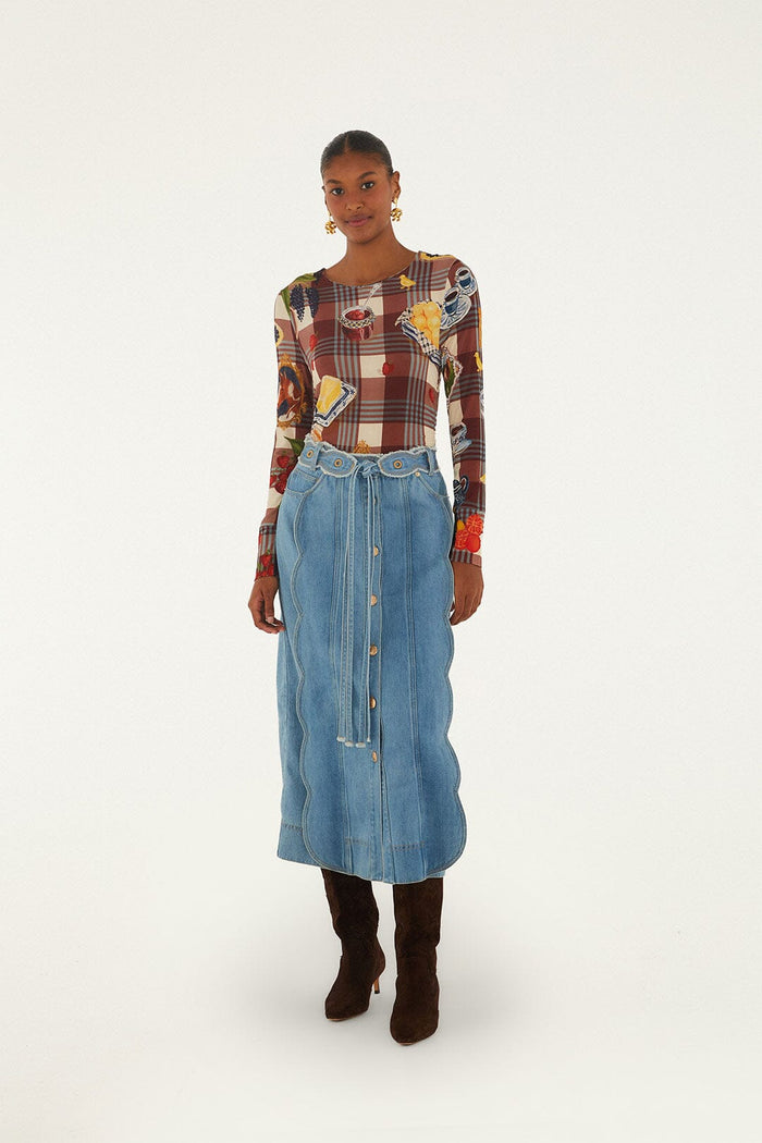 FARM Rio model wearing the Denim Buttoned Belted Wavy Midi Skirt