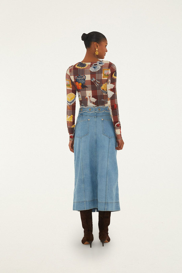 FARM Rio model wearing the Denim Buttoned Belted Wavy Midi Skirt