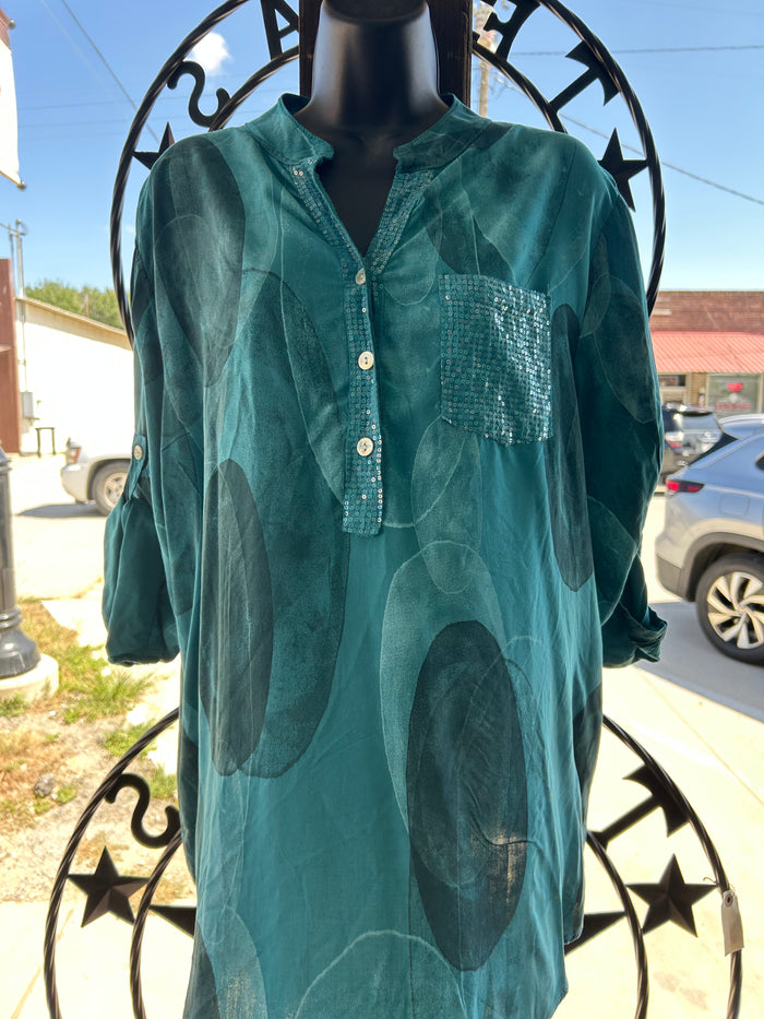 Designed Turquoise Sequin Pocket Top