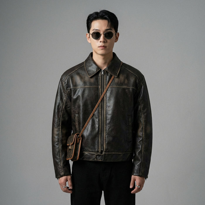 Veste moto homme marron effet vieilli - Style streetwear Coréen - Taille M