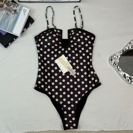 Dot pattern U-neck one-piece swimming suit
