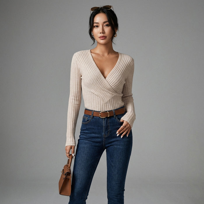 Top col V ajusté manches longues couleur abricot - Koreanxwear - Taille S