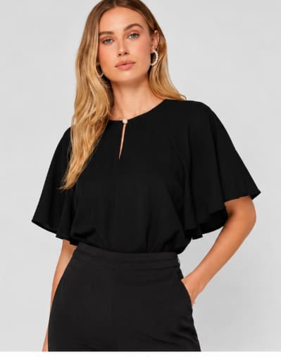 Elegant Pearl Detail Flutter Sleeve Blouse – Women’s Casual & Formal Chiffon Top