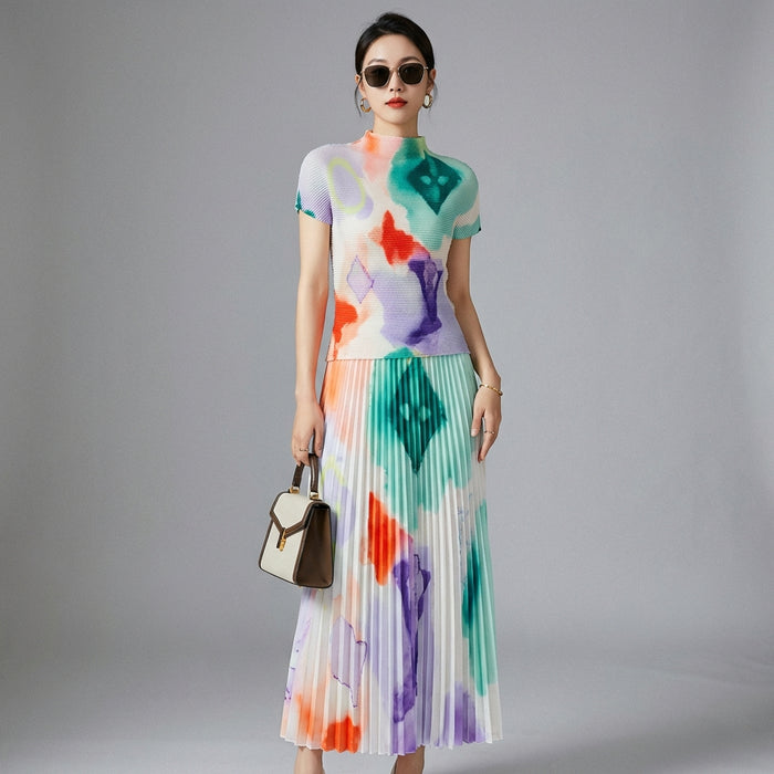 Ensemble plissé imprimé vert K-fashion pour femme - Koreanxwear - Taille One Size