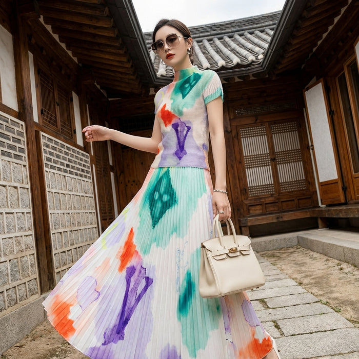 Ensemble plissé imprimé vert K-fashion pour femme - Koreanxwear