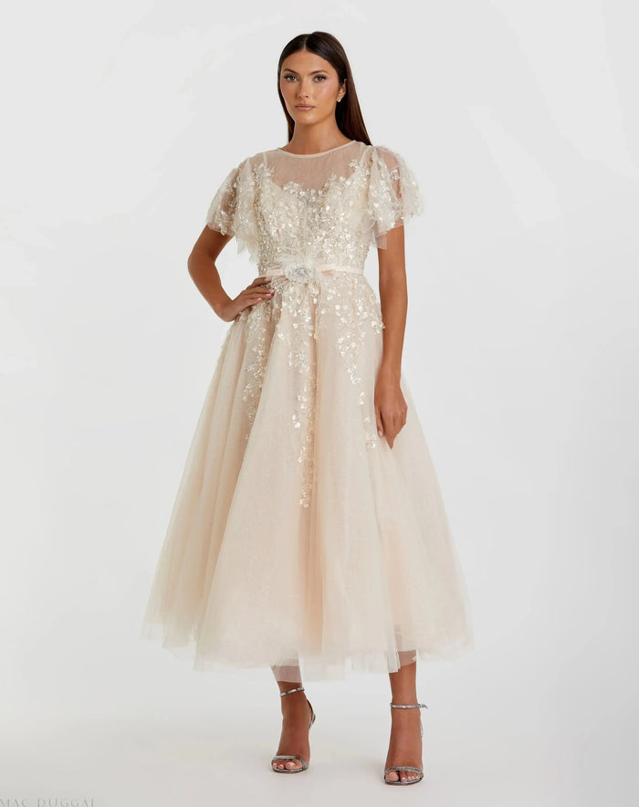 Beige Embellished Flutter Sleeve Bow Waist A Line Dress - Mac Duggal