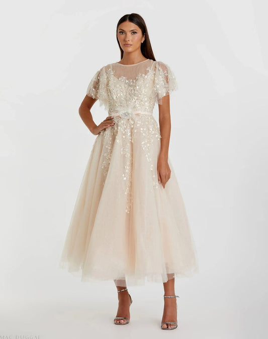 Beige Embellished Flutter Sleeve Bow Waist A Line Dress - Mac Duggal