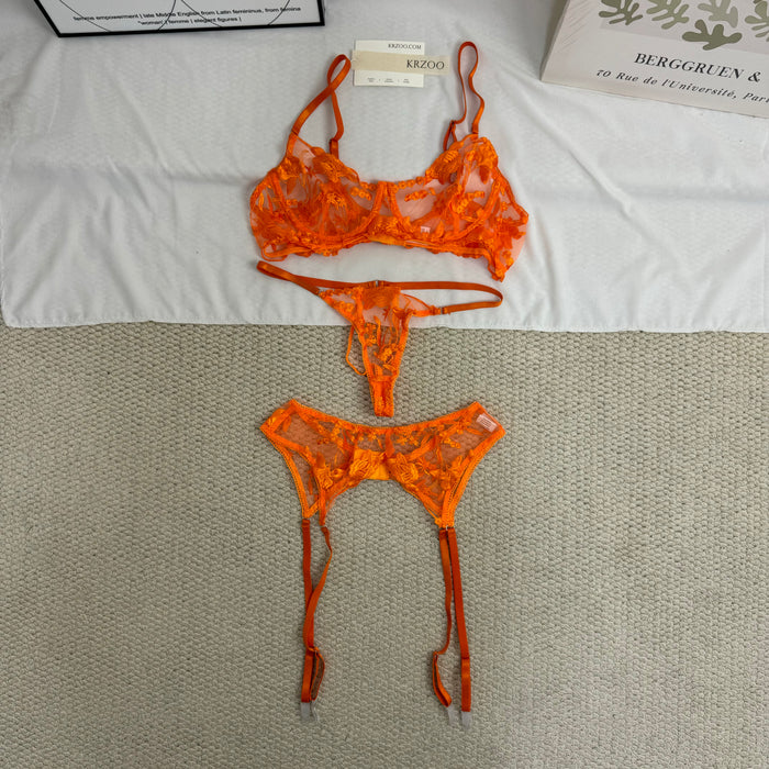Embroidered Lace Sheer Three-Piece Set