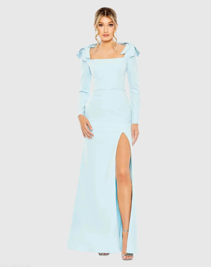 Blue Empire Waist Long Sleeve Bow Shoulder Gown - Ieena for Mac Duggal