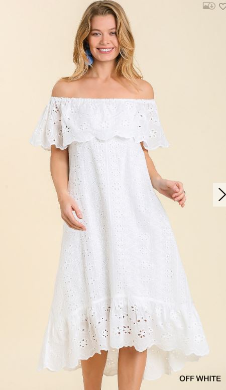Eyelet Off Shoulder Maxi Dress with Scalloped Hem