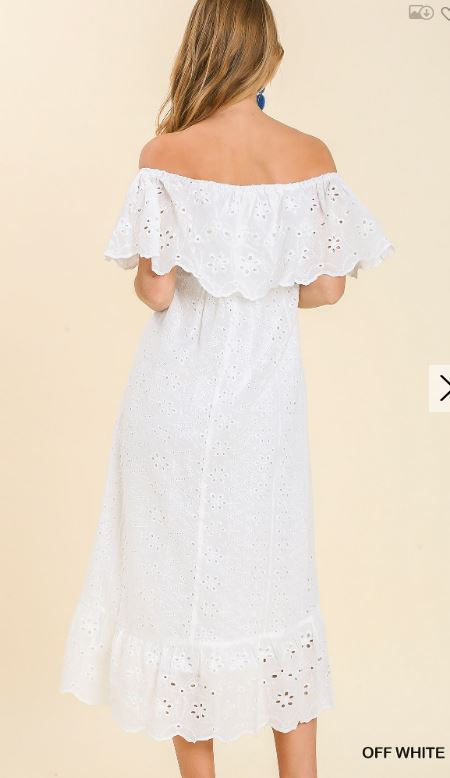 Eyelet Off Shoulder Maxi Dress with Scalloped Hem