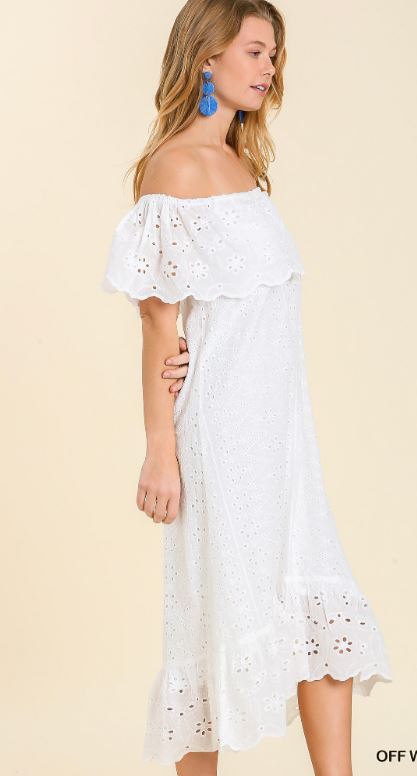 Eyelet Off Shoulder Maxi Dress with Scalloped Hem