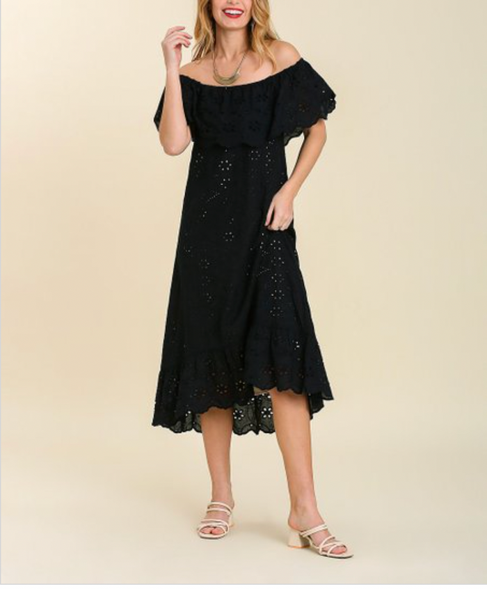Eyelet Off Shoulder Maxi Dress with Scalloped Hem