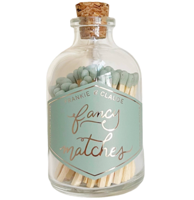 fancy matches, sage green match jar, custom colored matches, corked glass jar, match-striker, decorative match jar, home decor, luxury matches, elegant match jar, gift idea, match jar with striker, unique match jar, hand-filled matches, gold foil label
