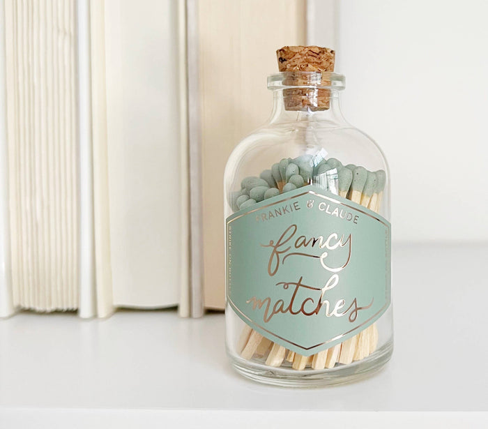 fancy matches, sage green match jar, custom colored matches, corked glass jar, match-striker, decorative match jar, home decor, luxury matches, elegant match jar, gift idea, match jar with striker, unique match jar, hand-filled matches, gold foil label