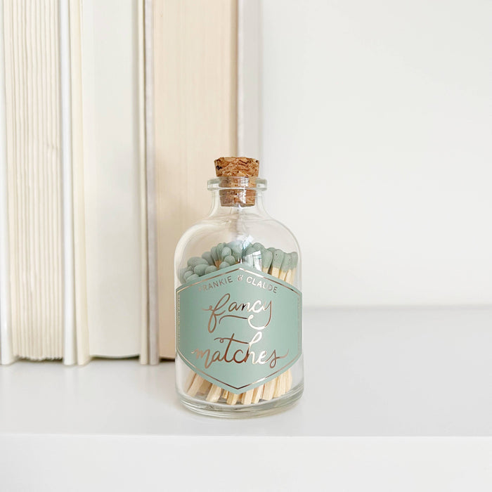 fancy matches, sage green match jar, custom colored matches, corked glass jar, match-striker, decorative match jar, home decor, luxury matches, elegant match jar, gift idea, match jar with striker, unique match jar, hand-filled matches, gold foil label