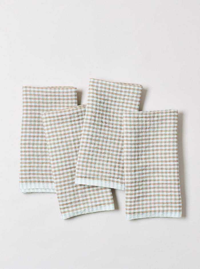 Farmhouse Gingham Linen Napkins — four Robin's Egg gingham napkins; Farmhouse Pottery