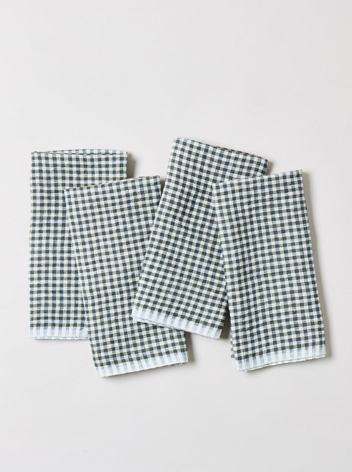Farmhouse Gingham Linen Napkins — four Blue Spruce gingham napkins; Farmhouse Pottery