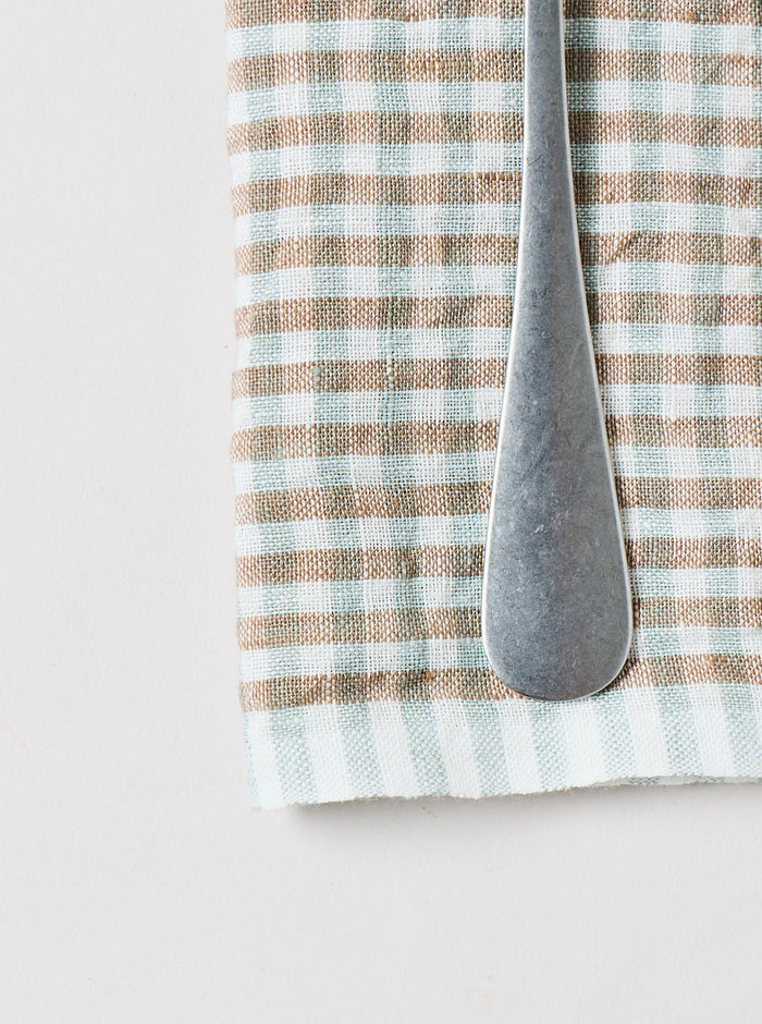 Farmhouse Gingham Linen Napkins — close view of Robin's Egg woven check; Farmhouse Pottery