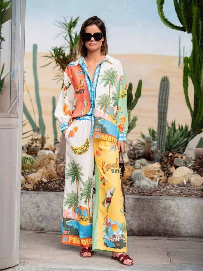 Fashionable printed macaron pant & shirt set