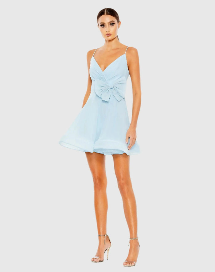 Blue Faux Wrap Bow Detail Flowy Mini Dress - Ieena for Mac Duggal