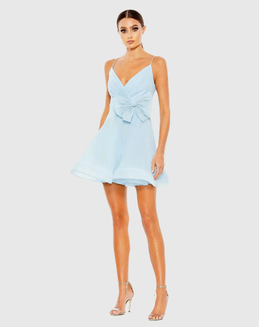Blue Faux Wrap Bow Detail Flowy Mini Dress - Ieena for Mac Duggal
