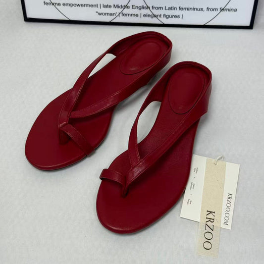 Fine ribbon pointed round-toed flip-flops