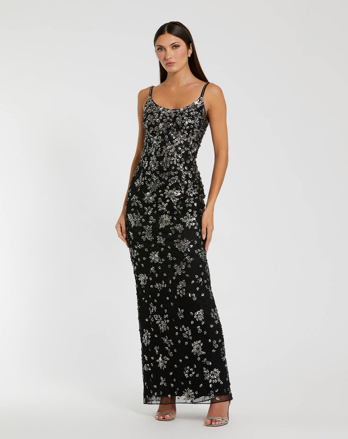 Black Floral Embellished Scoop Neck Evening Gown - Mac Duggal